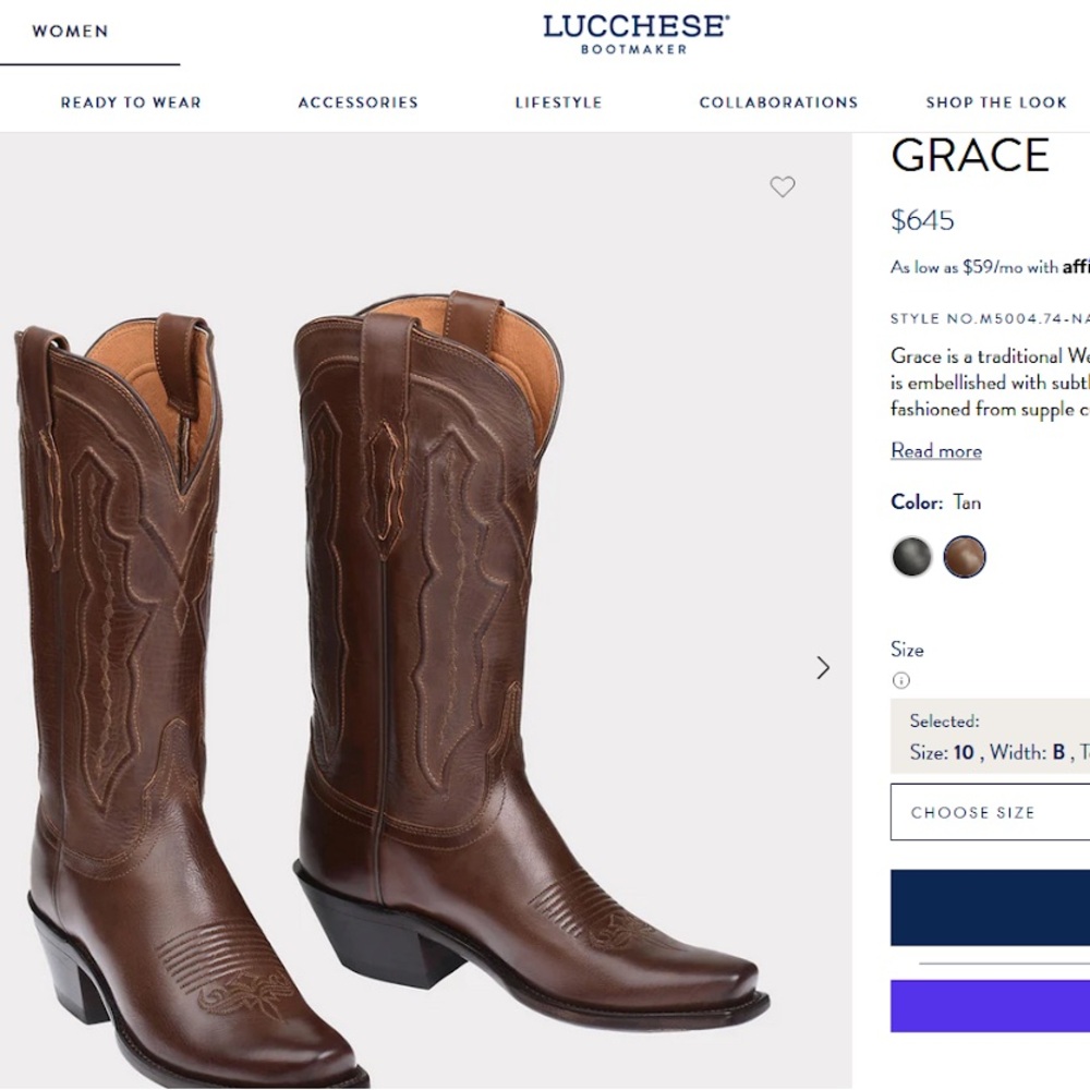 Lucchese Grace STYLE NO.M5004.74-NA-B Size: 8 , Width: B , Toe + Heel: 7 + 4